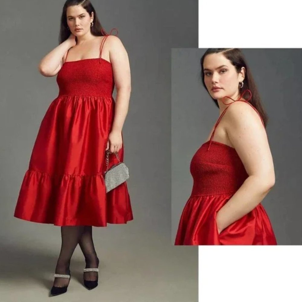 Anthropologie Dhruv Kapoor Red Strappy Smocked Tiered Cerise Dress Plus 1X NWOT